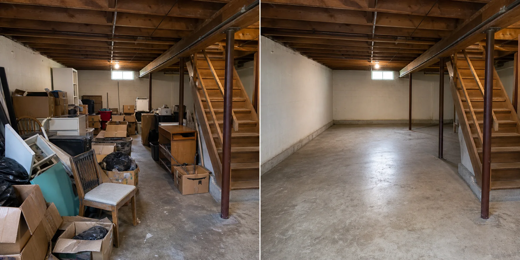 Illustrative before and after view of a cluttered basement professionally cleared and swept